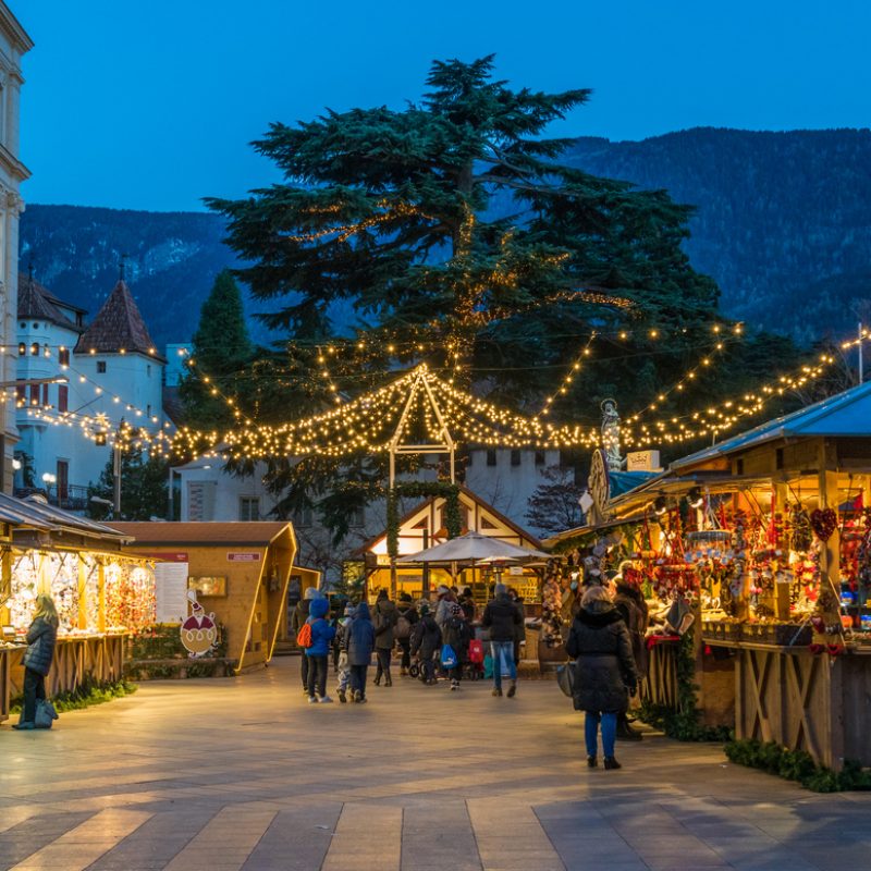 Merano Christmas Market In The Evening, Trentino Alto Adige, Northern Italy. December 16 2018